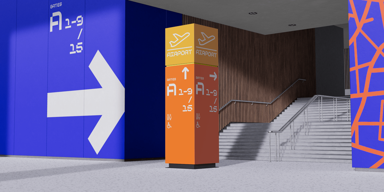 Free Interior Direction Sign 3D mockup. Create presentations using Online Mockup Generator.