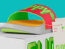 Free Flip Flop with Box 3D mockup. Create presentations using Online Mockup Generator.