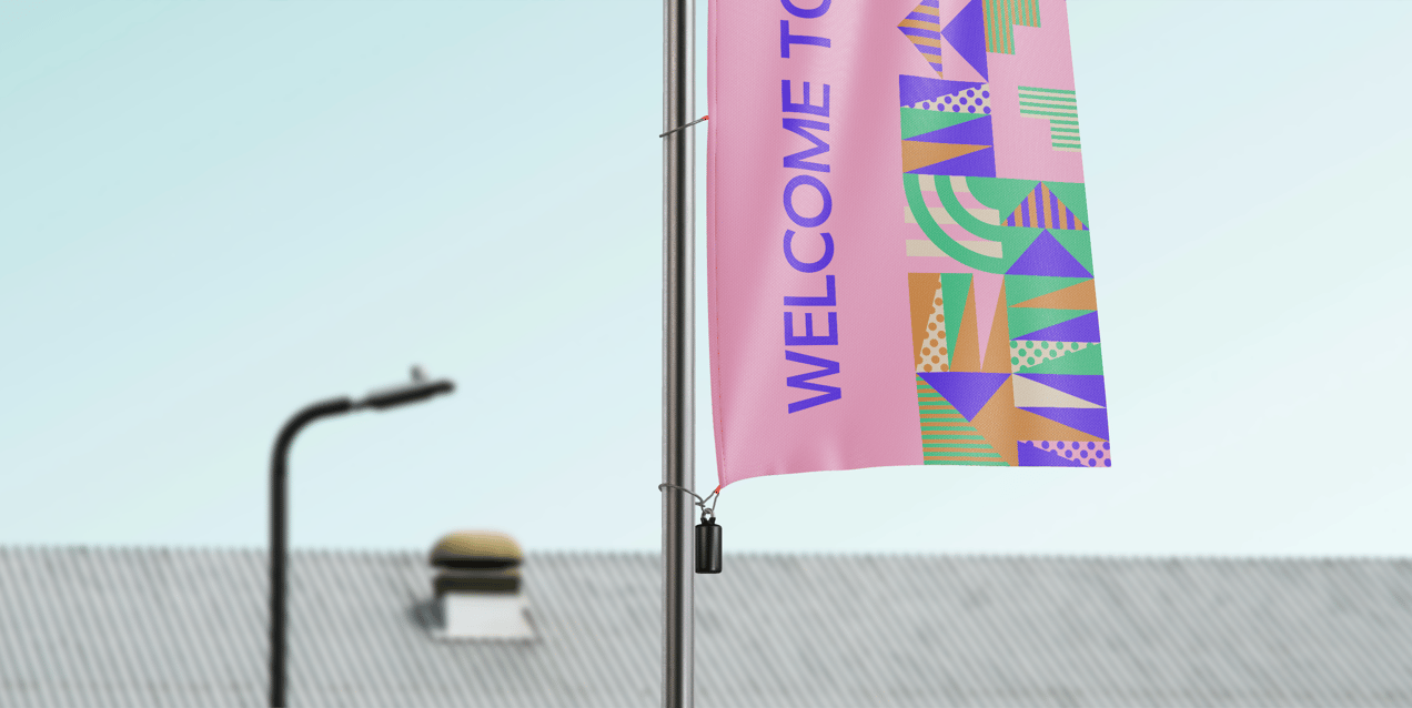 Flag Pole Banner 3D mockup. Create presentations using Online Mockup Generator.