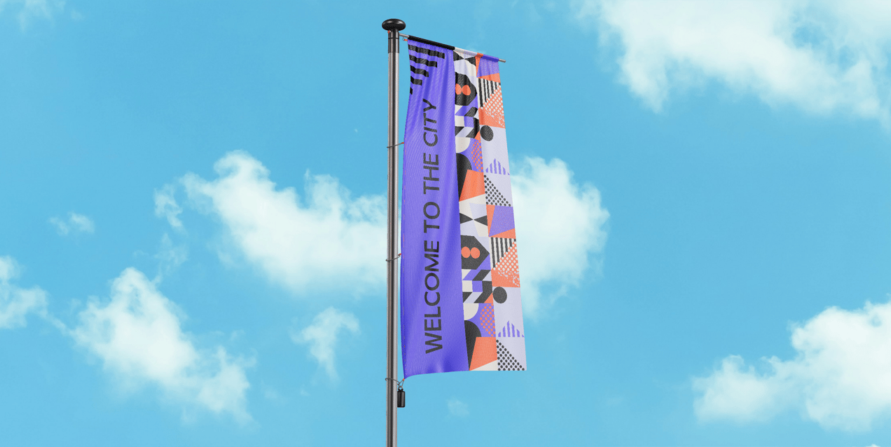 Flag Pole Banner 3D mockup. Create presentations using Online Mockup Generator.