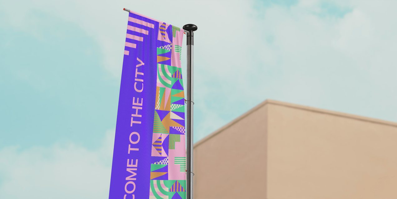 Flag Pole Banner 3D mockup. Create presentations using Online Mockup Generator.