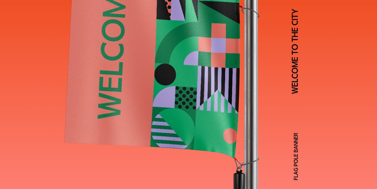 Flag Pole Banner 3D mockup. Create presentations using Online Mockup Generator.