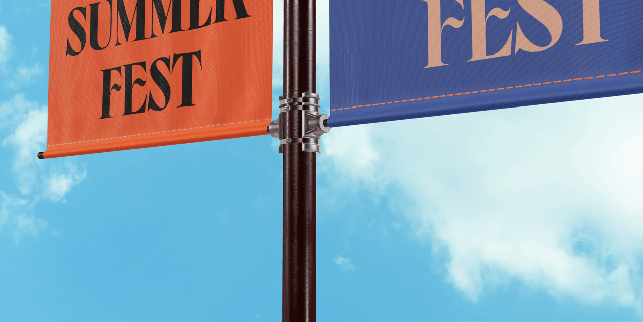 Flag Pole Banner 3D mockup. Create presentations using Online Mockup Generator.