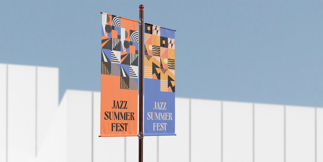 Flag Pole Banner 3D mockup. Create presentations using Online Mockup Generator.