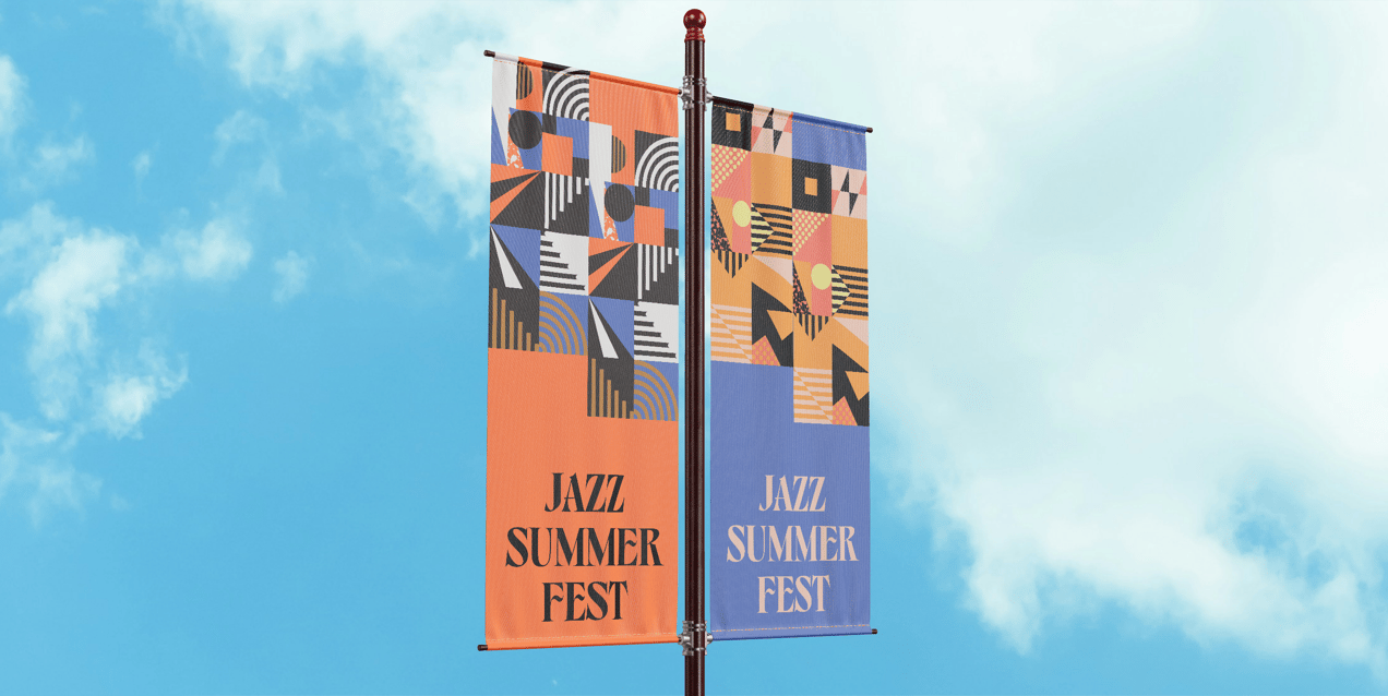 Flag Pole Banner 3D mockup. Create presentations using Online Mockup Generator.