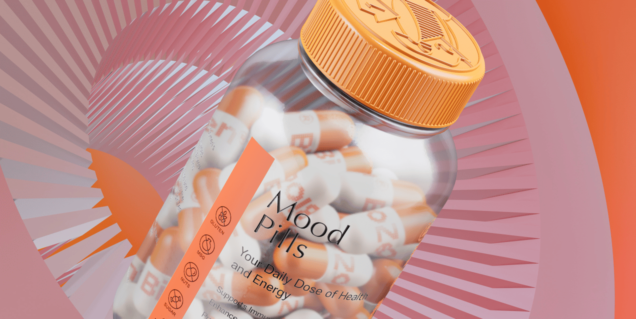 Pills Bottle  3D mockup. Create presentations using Online Mockup Generator.