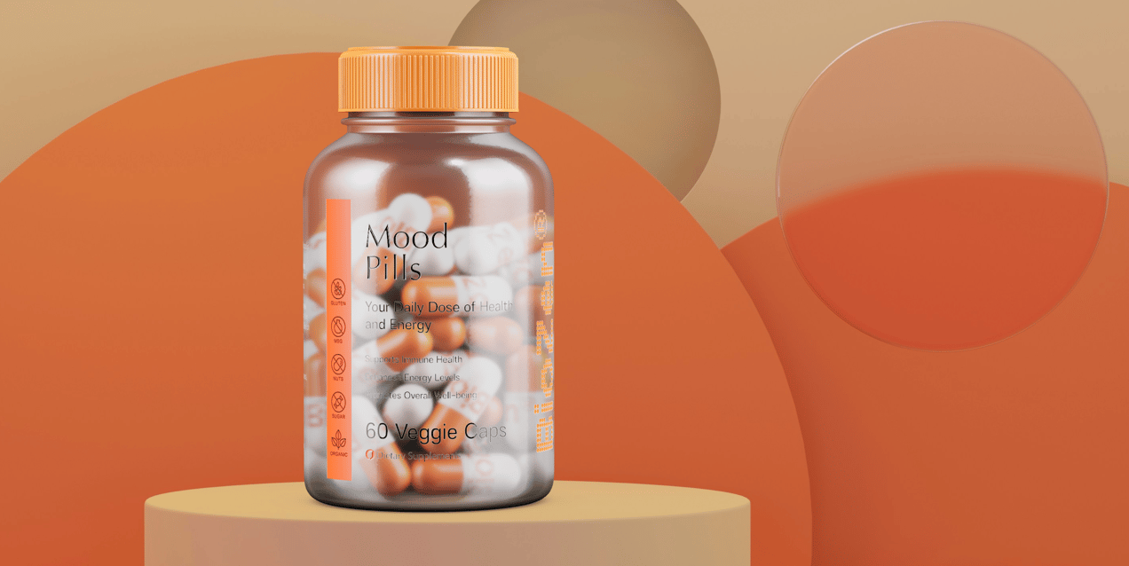 Pills Bottle  3D mockup. Create presentations using Online Mockup Generator.
