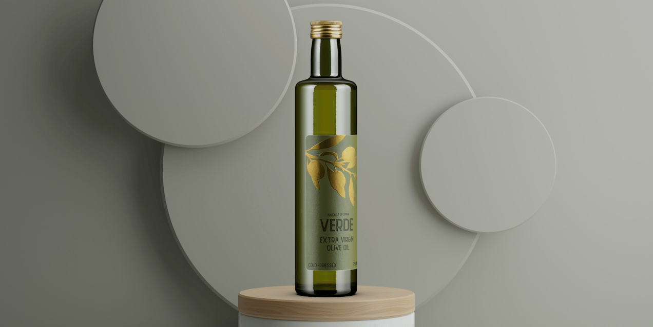Olive Oil Bottle 3D mockup. Create presentations using Online Mockup Generator.