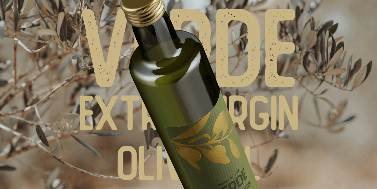 Olive Oil Bottle 3D mockup. Create presentations using Online Mockup Generator.
