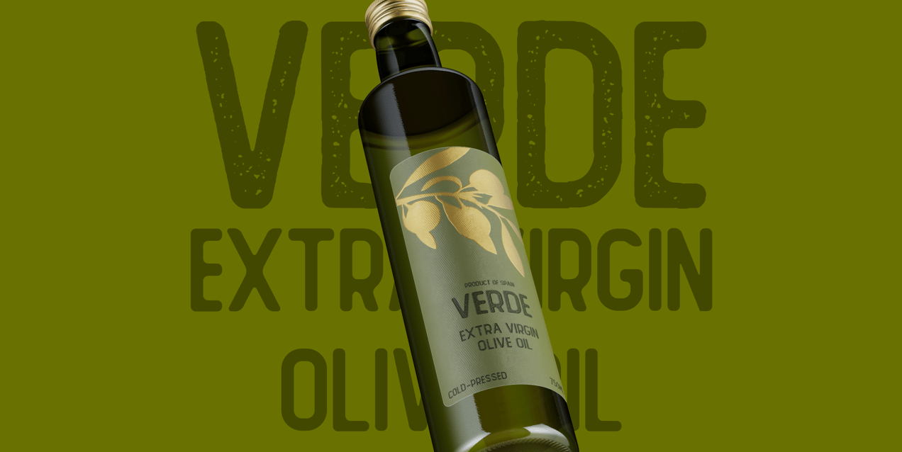Olive Oil Bottle 3D mockup. Create presentations using Online Mockup Generator.