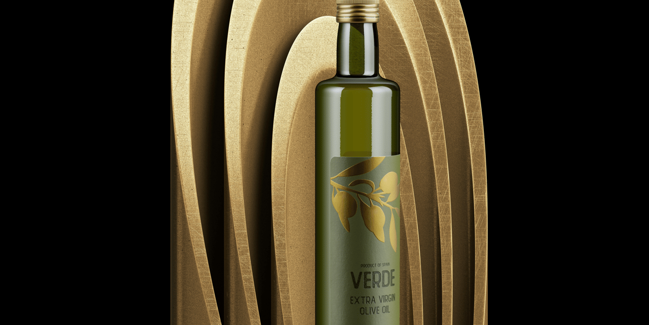 Olive Oil Bottle 3D mockup. Create presentations using Online Mockup Generator.