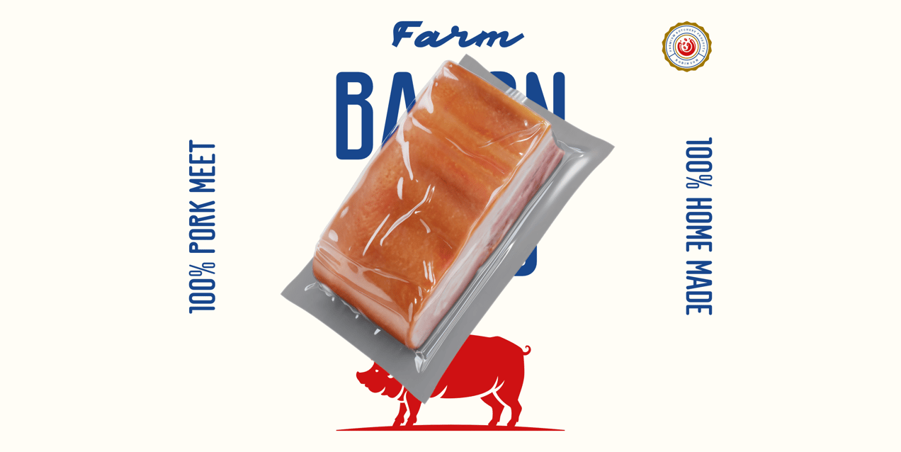 Bacon Pack Free Gift Box 3D mockup. Create presentations using Online Mockup Generator.