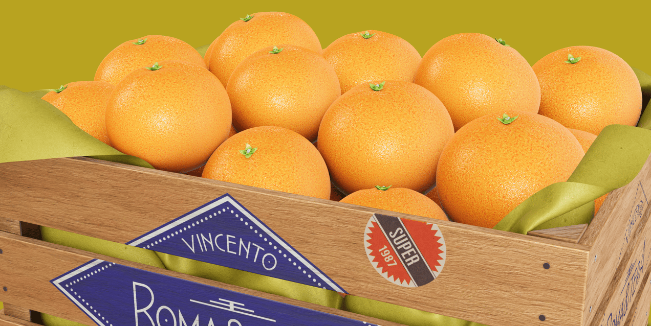 Crate with Oranges. Wooden box mockup. Edit 3D model online.